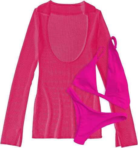 Lilosy Sexy Long Sleeve One Shoulder Bikini Fishnet Beach Swim Cover Up Dress in Kuwait