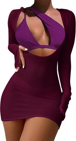 Lilosy Sexy Long Sleeve One Shoulder Bikini Fishnet Beach Swim Cover Up Dress in Kuwait