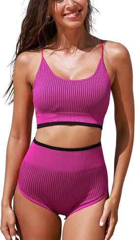 CUPSHE Women's Bikini Sets Two Piece Bathing Suit High Waisted Scoop Neck Back Strappy Bikini Shorts in Saudi Arabia