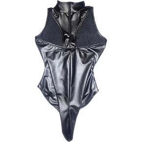 SINGUYUN Women's Leather Bodysuit Lace Up Lingerie Set Teddy One Piece Leather Dress Cosplay Lingerie Clubwear Outfits