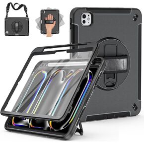 Miesherk Case for iPad Pro 11 inch, Military Grade Heavy Duty Shockproof Case for iPad 11 Pro Case 2024 with Screen Protector, Pencil Holder, Hand/Shoulder Strap, Rotating Kickstand, Black