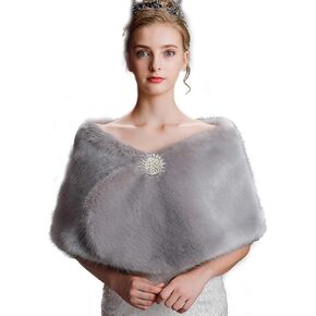 Bridal Faux Fur Wrap Wedding Fur Stole with Brooch Evening Party Warm Shrug Cape