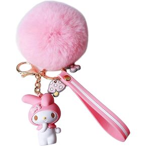 PaPiJoJo Cute Keychains for Girls, Kawaii Pom Pom Fuzzy Key Chain Accessories Wristlet Cartoon Keychain