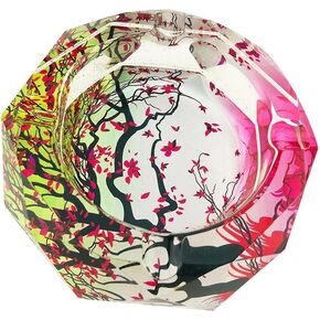 Beautiful Colorful Transparent Octangle Shape Diameter 3.9" Cigar Cigarette Crystal Glass Ashtrays with 4 Grooves Home Office Tabletop Desk Decoration (Red Tree)