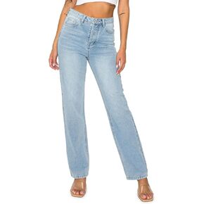 بنطلون جينز نسائي من قماش الدنيم باللون الكاكي والأزرق - بنطال مستقيم الساق بخصر عالٍ مع زر للإغلاق in Kuwait