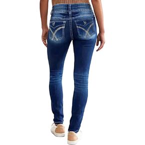 بنطال جينز نسائي ضيق قابل للتمدد متوسط ​​الخصر بقصة ضيقة عند الكاحل ومطرز عصري من قماش الدنيم مع جيب in Kuwait