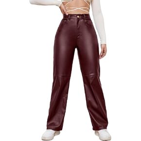 WDIRARA Women's Slant Pocket Straight Leg High Stretch Jeans Leather Look Long Pants