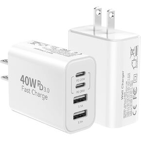 40W USB C Wall Charger Block,4 Port Type C Charger Fast Charging Brick Dual Pd & QC Fast Charger Cube Wall Plug Power Adapter for iPhone 15/14/13/12/11/Pro Max/XS/XR,iPad,Samsung,Pixel,2Pack