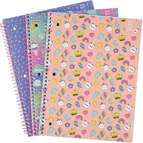 Yoobi 1 Subject Spiral Notebook Set, 8 x 10.5 Notebooks for Work or School w/100 Lined, Wide Ruled, Perforated Paper & Interior Pocket, Cute Notebooks for Note Taking, Journaling, To-Do List, 3 Pack