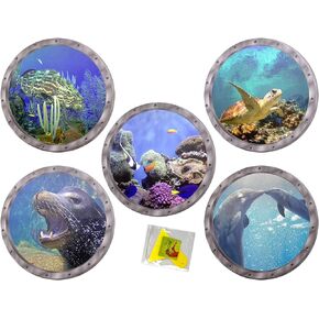 5 Pcs Fish Wall Stickers, Ocean Animals Turtle 3D Stickers Window Wall Decals Murals, for Bathroom Kids Room Classroom Home Stick Decor