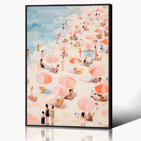 Trendy Pink Coastal Canvas Wall Art, Framed Coastal Cowgirl Aesthetic Room Poster, Western Pink Preppy Beach Print, Summer Beachy Surfing Pictures for Teen Girl Dorm 12x16in