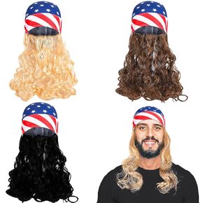 3 Pcs Mullet Wig Skull Cap for Men 4th of July Headscarf Patriotic USA Headscarf Red White and Blue Accessories Independence Day Wigs, Blonde, Brown, Black