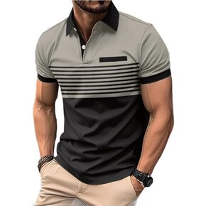 Mens Short Sleeve Striped Polo Shirts Fashion Contrast Color Golf Tops with Chest Striped Decoration