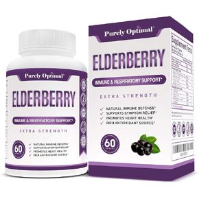 Purely Optimal Premium Black Elderberry Capsules - Sambucus Elderberry Pills for Adults, Sambucus Nigra Extract w/Vitamin C - Non-GMO, Gluten Free, 60 Veggie Capsules