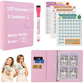 100 Envelopes Challenge Binder for Grils/Daughter/Female, Updated 3 Challenge Money Saving Binder with Cash Envelopes,A5 PU Leather Savings Challenges Book to Save $500, 5,050,$10,000 Budget Planner