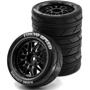 4PCS 1/10 RC On-Road Tires Y-Type Plastic Wheel Rim and 2.56" OD Rubber Tires 12mm Hex Fit for 1/10 On-Road Racing Car Tamiya TT02 TT01 Kyosho HSP HPI