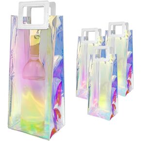 TheBarsentials Wine Gift Bags Holographic 3-pack Clear Reusable Wine Bottle Gift Totes with Handles for Party Favors, Weddings, Housewarming, Holidays, Bachelorette Parties, Bulk