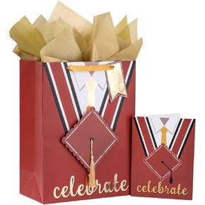 LeZakaa 16" Large Gift Bags with Tissue Paper, Trencher Cap Gift Tag and Greeting Card, Trencher Cap and Congrats Grad Design for Graduation