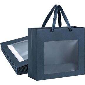 Dasofine Navy Gift Bag with Clear Window, Sturdy Navy Blue Paper Tote Bags with Transparent Window Paper Gift Bags with Handles, Flower Bouquet Bags,10"×5"×12.9"