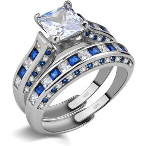 Adjustable size White and Blue CZ Wedding Ring Sets for Women S925 Sterling Silver Engagement Ring
