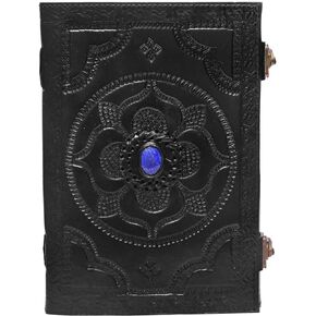 Leather Bound Journal for Men Women with Semi-Precious Stone & Buckle Closure - Book of Shadow Handmade Leather Travel Writing Notebook Diary Gift for Him Her