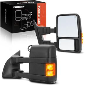 A-Premium Left & Right Towing Mirrors - Compatible with Ford F-250 F-350 F-450 F-550 Super Duty 2008-2016 - Manual Folding Power Heated Telescoping Black - with Amber Signal and Power Glass - Pair Set