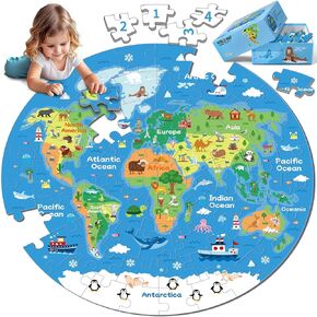 72 Piece World Map Jigsaw Puzzle for Kids 3-5, 4-6 Globe Round Floor Puzzles Geography Educational Birthday Gifts Learning Resource Educational Montessori Toys