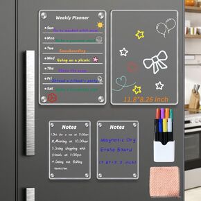 Acrylic Magnetic Dry Erase Board for Fridge，Set of 4 Transparent Planning Boards Weekly Calendar, Notes Planning Board，Includes 8 Markers and Towel