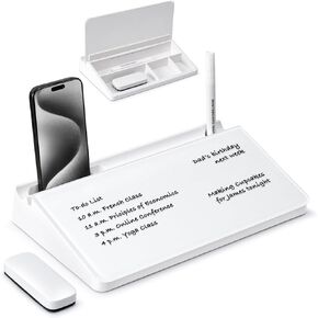 Varhomax Small Glass Desk Whiteboard, Dry Erase Desktop White Board with Storage Caddy to-do List Desk Buddy Memo Notepad for Office, School and Home Office Accessories Supplies (Black)