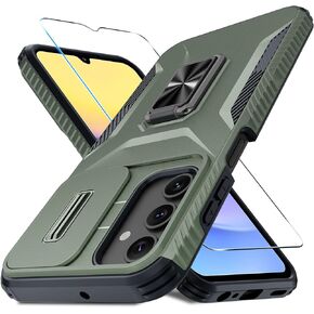 for Samsung Galaxy A15 5G Case with Tempered Glass Screen Protector and Camera Lens Cover,Rotated Ring Stable Kickstand,Heavy Duty Shockproof Protective Phone Cover-Alpine Green