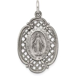 Solid 925 Sterling Silver Vintage Antiqued Virgin Mary Pray for Us Charm Miracle Medal Mary Pendant Charm Medal - 33mm x 18mm