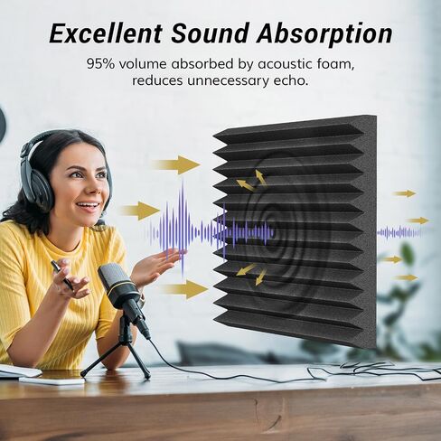 12 Pack-12 * 12 * 2 Inches Self-Adhesive Acoustic Foam Panels, TONOR 3D Pyramid Designed Sound Pannels for Absorption of Echoes, Fast Expand, Sound Absorbing Foams Suitable for Home and Studio, Black in Saudi Arabia