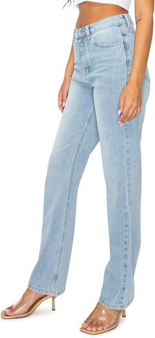 بنطلون جينز نسائي من قماش الدنيم باللون الكاكي والأزرق - بنطال مستقيم الساق بخصر عالٍ مع زر للإغلاق in Kuwait