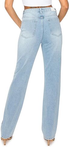 بنطلون جينز نسائي من قماش الدنيم باللون الكاكي والأزرق - بنطال مستقيم الساق بخصر عالٍ مع زر للإغلاق in Kuwait