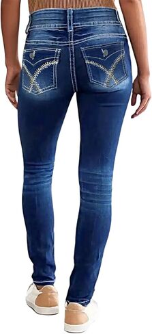 بنطال جينز نسائي ضيق قابل للتمدد متوسط ​​الخصر بقصة ضيقة عند الكاحل ومطرز عصري من قماش الدنيم مع جيب in Kuwait