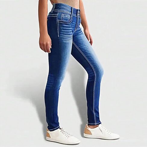 بنطال جينز نسائي ضيق قابل للتمدد متوسط ​​الخصر بقصة ضيقة عند الكاحل ومطرز عصري من قماش الدنيم مع جيب in Kuwait