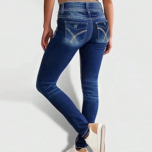 بنطال جينز نسائي ضيق قابل للتمدد متوسط ​​الخصر بقصة ضيقة عند الكاحل ومطرز عصري من قماش الدنيم مع جيب in Kuwait