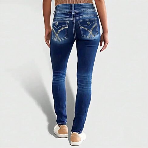 بنطال جينز نسائي ضيق قابل للتمدد متوسط ​​الخصر بقصة ضيقة عند الكاحل ومطرز عصري من قماش الدنيم مع جيب in Kuwait