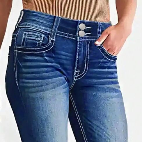 بنطال جينز نسائي ضيق قابل للتمدد متوسط ​​الخصر بقصة ضيقة عند الكاحل ومطرز عصري من قماش الدنيم مع جيب in Kuwait