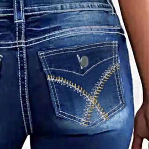 بنطال جينز نسائي ضيق قابل للتمدد متوسط ​​الخصر بقصة ضيقة عند الكاحل ومطرز عصري من قماش الدنيم مع جيب in Kuwait