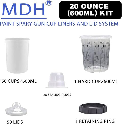 مجموعة أكواب مسدس طلاء بخاخ للاستعمال مرة واحدة من MDH مع 50 كوبًا ونظام أغطية/ 20 سدادة/ كوب صلب واحد مع حلقة تثبيت للاستخدام وبطانات أكواب مسدس طلاء للاستعمال مرة واحدة ونظام غطاء (مجموعة أكواب سعة 20 أونصة (600 مل)) in Kuwait