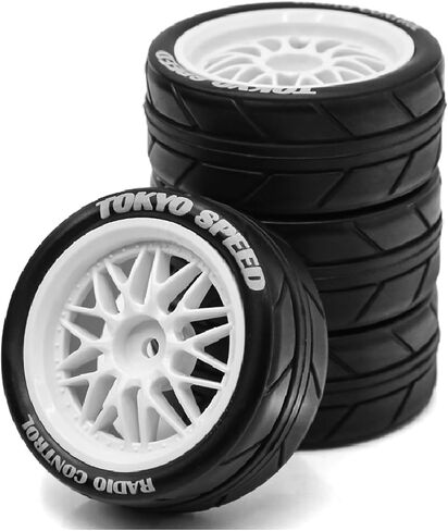 4PCS 1/10 RC On-Road Tires Y-Type Plastic Wheel Rim and 2.56" OD Rubber Tires 12mm Hex Fit for 1/10 On-Road Racing Car Tamiya TT02 TT01 Kyosho HSP HPI in Saudi Arabia