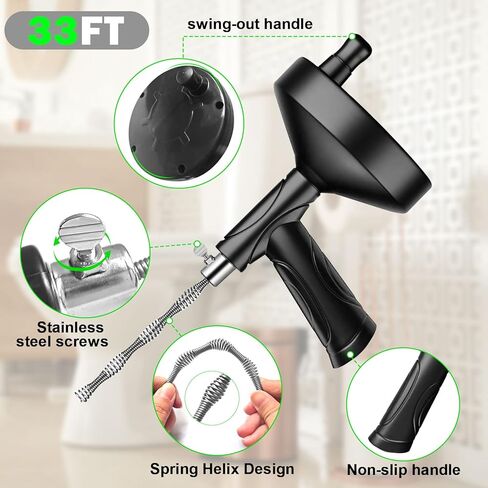 استنزاف ثعبان اوجير 33 قدم، السباكة ثعبان استنزاف الشعر تسد ​​أداة إزالة، الثقيلة المرحاض ثعبان اوجير، بالوعة فك انسداد استنزاف أداة تنظيف للحمام المطبخ حوض الاستحمام استنزاف مزيل انسداد مع قفازات in Kuwait