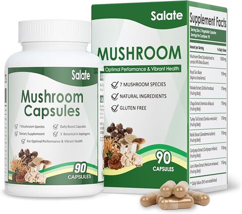 مكمل Salate Lion's Mane، مستخلص الفطر العضوي للذاكرة والتركيز، كبسولات الدماغ لدعم المناعة، 100% مستخلصات جسم الفاكهة، بدون مكمل فطر نباتي من الميسيليوم (90 كبسولة) in Kuwait