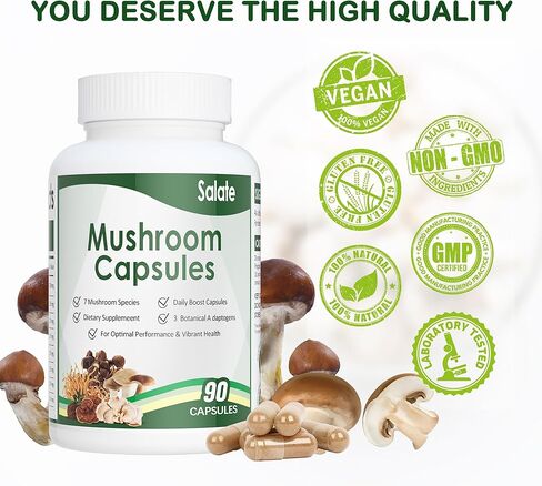 مكمل Salate Lion's Mane، مستخلص الفطر العضوي للذاكرة والتركيز، كبسولات الدماغ لدعم المناعة، 100% مستخلصات جسم الفاكهة، بدون مكمل فطر نباتي من الميسيليوم (90 كبسولة) in Kuwait
