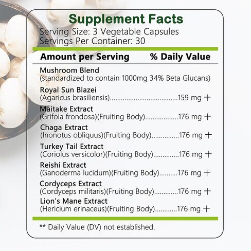 مكمل Salate Lion's Mane، مستخلص الفطر العضوي للذاكرة والتركيز، كبسولات الدماغ لدعم المناعة، 100% مستخلصات جسم الفاكهة، بدون مكمل فطر نباتي من الميسيليوم (90 كبسولة) in Kuwait