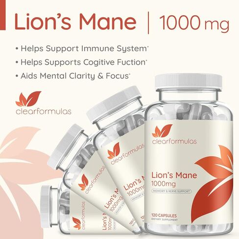 كبسولات ClearFormulas Lions Mane Mushroom، غير معدلة وراثيًا وخالية من الغلوتين، 120 كبسولة in Kuwait