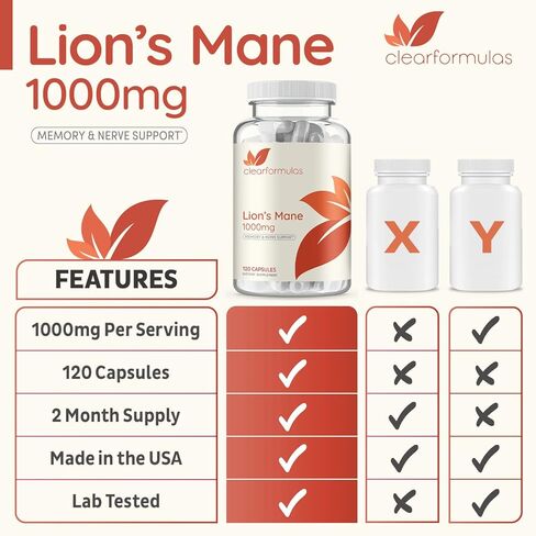 كبسولات ClearFormulas Lions Mane Mushroom، غير معدلة وراثيًا وخالية من الغلوتين، 120 كبسولة in Kuwait