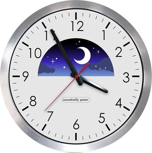 ساعة حائط بإطار معدني ليلا ونهارا، ساعة تشغيل صامتة تناظرية، رائعة لكبار السن وكبار السن المصابين بالخرف، تظهر ليلاً ونهارًا in Kuwait