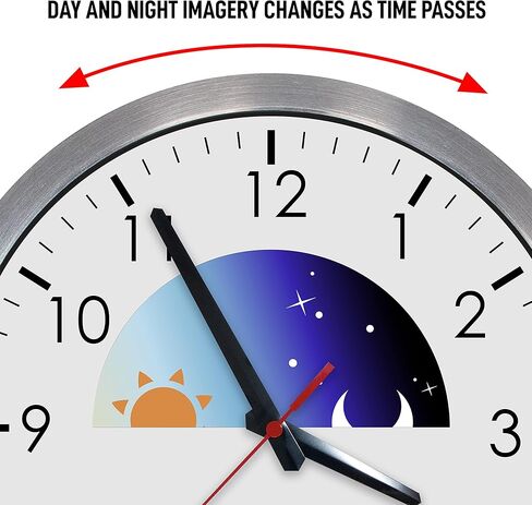 ساعة حائط بإطار معدني ليلا ونهارا، ساعة تشغيل صامتة تناظرية، رائعة لكبار السن وكبار السن المصابين بالخرف، تظهر ليلاً ونهارًا in Kuwait